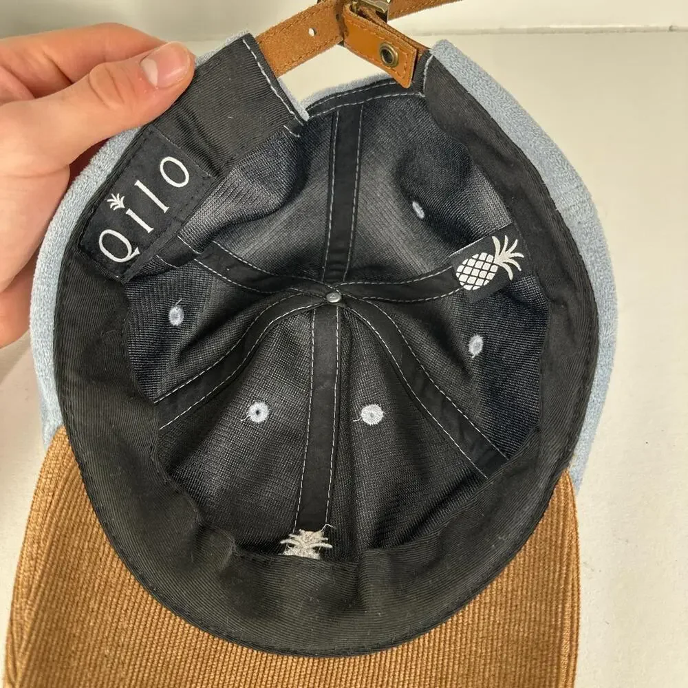 Qilo Pineapple logo suede 5 Panel Adjustable Strapback Hat Blue Brown Dad Cap
